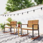 Acacia Wood Outdoor Lawn Rocking Chair Set of 2, Outdoor Patio Rocking Chairs with Armrests, Cushion, Cream White - Image 8
