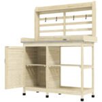 Wooden Potting Bench with Storage, Aluminum Tabletop for Backyard, Patio, Balcony, Natural