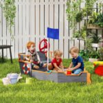 Kids Wooden Sandbox Pirate Ship Sandboat w/ Bench Seat Storage Space Ceder Wood, Gray - Image 2