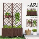 Planter Box with Trellis, Self Watering Raised Garden Bed with Lockable Wheels and Drainage Holes, Brown - Image 4