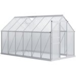 12' x 6' x 6.5' Polycarbonate Greenhouse with Aluminum Frame, Walk-in Heavy Duty Green House with Adjustable Roof Vent, Rain Gutter and Sliding Door for Winter, Silver