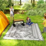 Reversible Outdoor Rug, Waterproof Plastic Straw with Carry Bag, 9' x 12', Gray & White Rhombus Patchwork - Image 2