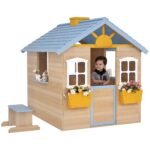 Wooden Playhouse for Kids Outdoor Garden with Working Door, Windows, Bench, Service Station, Flowers Pot Holder, Blue