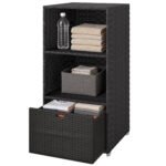 Valet Pool Towel Rack, Water-Resistant PE Plastic Rattan Wicker Storage Organizer, 2 Shelves, 1 Basket Drawer