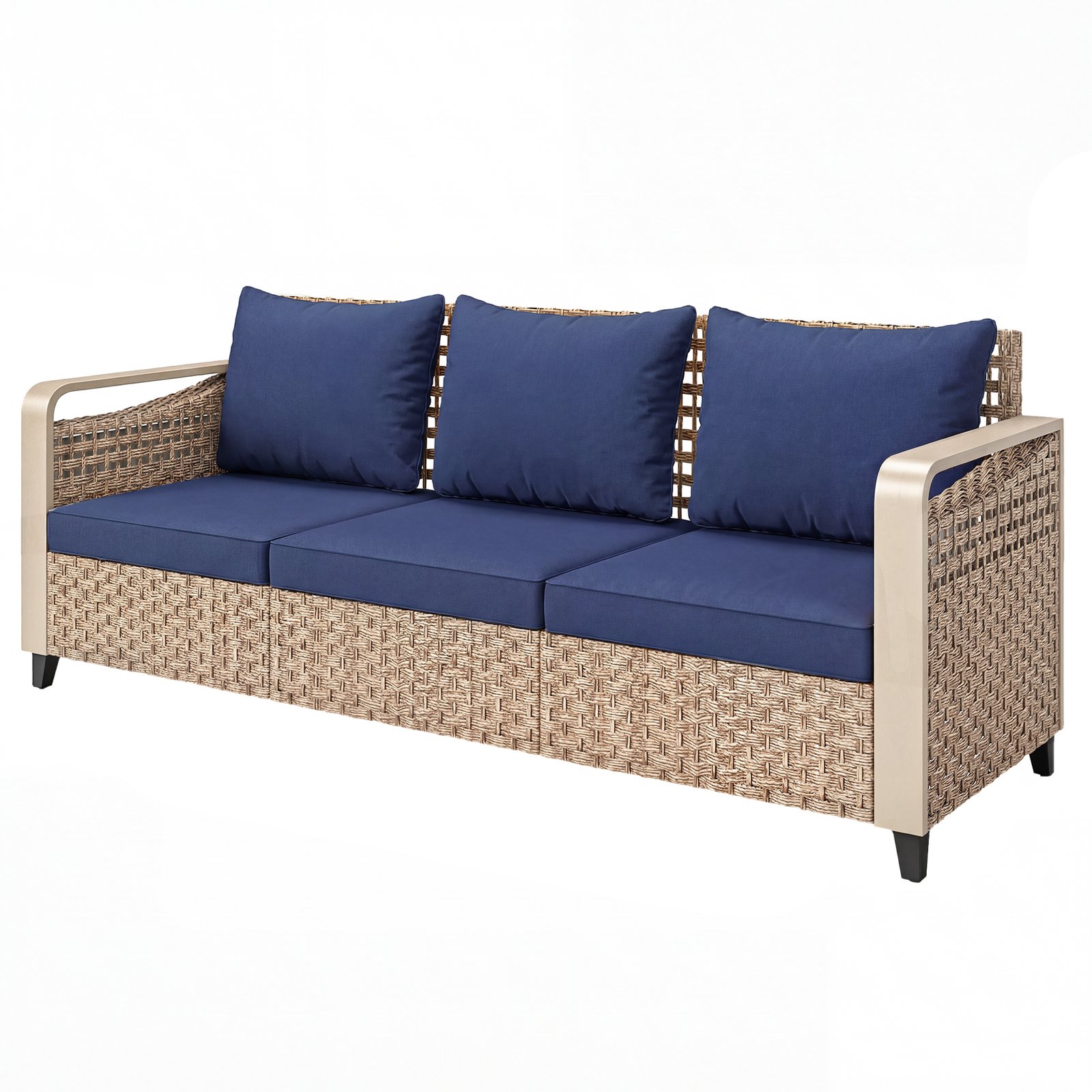 7n84e019da4059e5b.jpg Rattan Wicker Sofa 3-Seater Outdoor Patio Sofa with Cushions for Garden Backyard Porch Dark Blue - Image 1