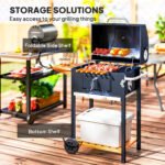 Charcoal BBQ Grill, Outdoor Portable Cooker for Camping or Backyard Picnic, Barbecue Grill with Side Table, Bottom Storage Shelf, Wheels and Handle, Black - Image 7