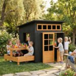 Outdoor Playhouse, Wooden Kids Playhouse w/ Picnic Table & Benches, Chalkboards, Half Door, Windows, for Kids Ages 3-8 - Image 2
