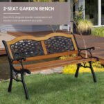 50" Outdoor Garden Bench, Park Patio Bench Loveseat, Wood & Metal Frame with Plastic Flourish Backrest, Natural Wood - Image 4