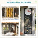Outdoor Playhouse, Wooden Kids Playhouse with Dog Door, Cookware, Blackboard, Clock, Tic-Tac-Toe Roller for Backyard - Image 4