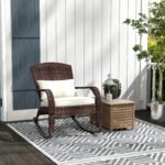 Adirondack Chair, Outdoor Wicker Rocking Chair with High Back, Seat Cushion, and Pillow for Porch, Balcony, Cream White - Image 2