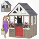 Outdoor Playhouse, Wooden Kids Playhouse with Dog Door, Flower Box, Cookware & Window for Garden Ages 2+, Gray