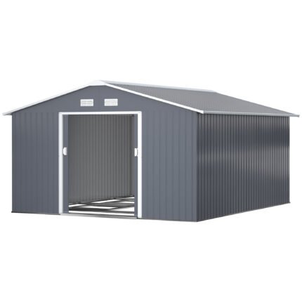 Metal Garden Storage Shed with Double Lockable Doors, 11' x 13', Dark Gray
