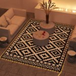 Outdoor Rug Carpet Reversible Plastic Straw Rug with LED Lights Black and White 12' x 9' for Patio - Image 2