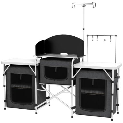Aluminum Camping Kitchen, Portable Folding Camping Table with Fabric Cupboards, Windshield, Bag for BBQ, Picnic,