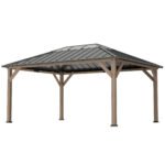 12' x 16' Hardtop Gazebo with Galvanized Steel Roof, UPF50+ Wood Permanent Pavilion with Clear Roof Top, Light Walnut