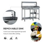 Potting Bench Table, Outdoor Garden Table Wooden Work Station with Removable Sink, Faucet, Drawer, Shelves, Hooks, Gray - Image 4