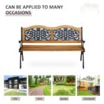 50" Outdoor Garden Bench, Park Patio Bench Loveseat, Wood & Metal Frame with Plastic Flourish Backrest, Natural Wood - Image 6
