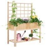 47" Wooden Raised Garden Bed with Trellis, Coutryside Style Elevated Planter Box Stand with Open Storage Shelf, Spacious Planting Area for Vegetables, Herbs, Flowers
