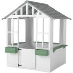 Kids Wooden Playhouse, Outdoor Garden Games Cottage with Flowers Pot Holder, Working Door, Windows, White