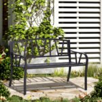 50" Outdoor Bench, Metal Garden Bench with V-Shaped Pattern Backrest, Porch Bench with Slatted Seat for Park, Yard, Lawn, Black - Image 2