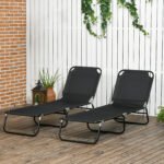 2 Piece Folding Chaise Lounge Pool Chairs, Outdoor Sun Tanning Chairs with 5-Level Reclining Back, Steel Frame for Beach, Yard, Patio, Black - Image 2