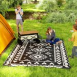 Reversible Outdoor Rug, Waterproof Plastic Straw with Carry Bag, 8' x 10', Black & White Rhombus Patchwork - Image 2
