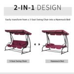 3-Seat Outdoor Patio Swing Chair, Converting Flatbed, Outdoor Swing Glider with Adjustable Canopy, Removable Cushion and Pillows, for Porch, Garden, Poolside, Backyard, Red - Image 4