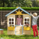 Wooden Playhouse for Kids Outdoor Garden with Working Door, Windows, Bench, Service Station, Flowers Pot Holder, Blue - Image 8