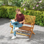 2-Person Foldable Wood Outdoor Bench with Backrest and Armrests for Garden, Porch, Park, Balcony, Teak - Image 2