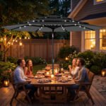 9.7 ft Outdoor Patio Umbrella with Solar LED Lights, 3 Tier Outdoor Table Umbrella with Tilt, Crank - Image 2