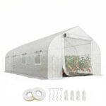 20' x 10' x 7' Walk-in Tunnel Greenhouse with Zippered Mesh Door & 8 Mesh Windows, Gardening Plant Hot House with Galvanized Steel Hoops, White