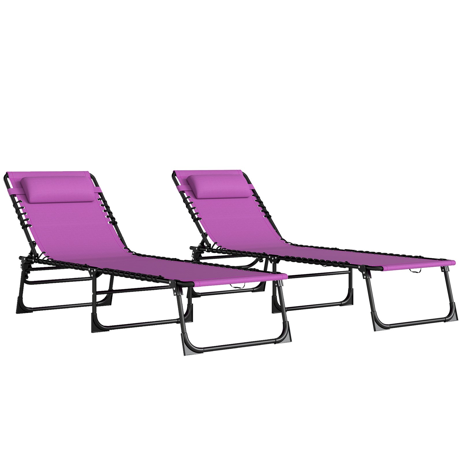 9tA59719c9de7895c.jpg 2 Folding Chaise Lounge Pool Chairs with 4-Position Reclining Back, Pillow, Breathable Mesh & Bungee Seat, Purple - Image 1