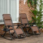 2 Outdoor Rocking Chairs Foldable Reclining Zero Gravity Lounge Rockers w/ Pillow Cup & Phone Holder, Brown - Image 2