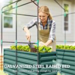 Greenhouse with Raised Garden Bed, Galvanized Steel Outdoor Greenhouse with Roll Up Door, 56" x 56" x 75", Green - Image 5