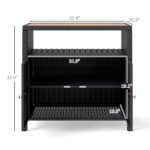 Outdoor Storage Cabinet with Acacia Wood Top, Two Doors, Shelf, Wicker Bar Table for Pool Towel Storage, Black - Image 3