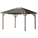 10' x 12' Hardtop Gazebo with Galvanized Steel Roof, UPF50+ Wood Permanent Pavilion with Clear Roof Top, Light Walnut