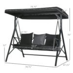 3-Seat Patio Swing Chair, Porch Swing Glider with Cushion, 3 Throw Pillows & Adjustable Canopy for Porch, Garden, Poolside, Backyard, Black - Image 3