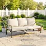 3 Seater Outdoor Patio Sofa, Outdoor Couch with Wood-Effect Armrests, Wicker Backrest, Cushions for Garden Yard, Khaki - Image 3