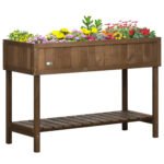 Wooden Raised Garden Bed, Elevated Planter Box Stand with 8 Slots and Open Shelf, Dark Brown