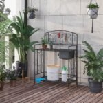 Folding Potting Bench Table, Metal Garden Workstation, Work Bench with Large Built-in Bag with Cover, 5 Hanging Hooks & Storage Shelf, Leaf Pattern - Image 2