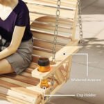 3-Seater Swing Bench, Wooden Porch Swing with Cupholders, Hanging Chains for Patio Garden, Nature Wood - Image 7