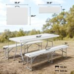 6FT 3 PCS Portable Camping Table and Chairs, Folding Picnic Table Bench Set with Carrying Handles for BBQ, Party, White - Image 3