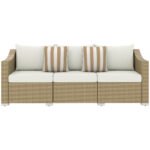 Rattan Wicker 3 Seater Patio Couch with Cushions, 2 Throw Pillows, Outdoor Furniture Rattan Sofa, Cream White