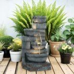 30" Tall Outdoor Waterfall Fountain with LED Lights, 4-Tier Resin Cascading Water Bowls with Pump, Gray - Image 8