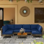 7 Piece Wicker Patio Furniture Set, Modular Outdoor Sectional with Thickened Cushions, Acacia Wood Table, Brown/Blue - Image 8