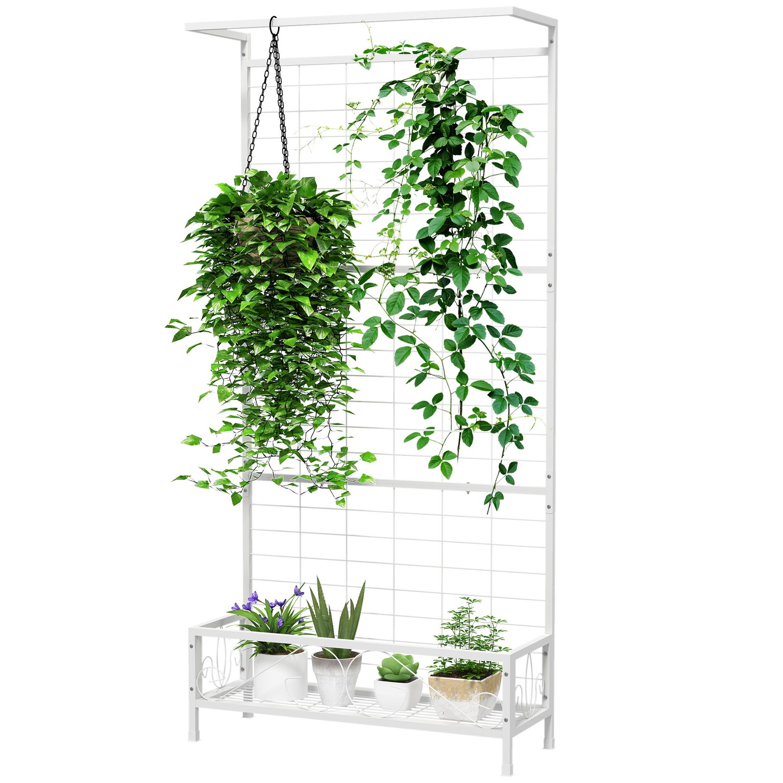 AZhde119495f8e0af.jpg Metal Tall Plant Stand with Trellis and Hanging Bar, Plant Holder for Indoor Outdoor Use, 35" x 12.8" x 74", White - Image 1