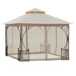 10' x 10' Patio Gazebo Canopy Outdoor Pavilion with Mesh Netting SideWalls, 2-Tier Polyester Roof, & Steel Frame, Beige