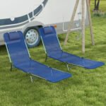 2 Piece Sun Loungers, Folding Chaise Lounge Chairs with Reclining Back, Breathable Mesh Seat, Headrest, Dark Blue - Image 2