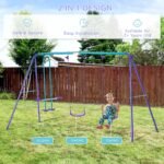 Metal Swing Set with Glider, Two S Seats and Adjustable Height, Outdoor Heavy Duty A-Frame Kids Playset Suitable for Playground, Backyard, Purple - Image 4