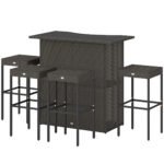 5 Piece Rattan Wicker Bar Set, High Top Outdoor Table and Chairs, Bar Height Patio Set, 2 Shelves & 4 Bar Stools, Brown